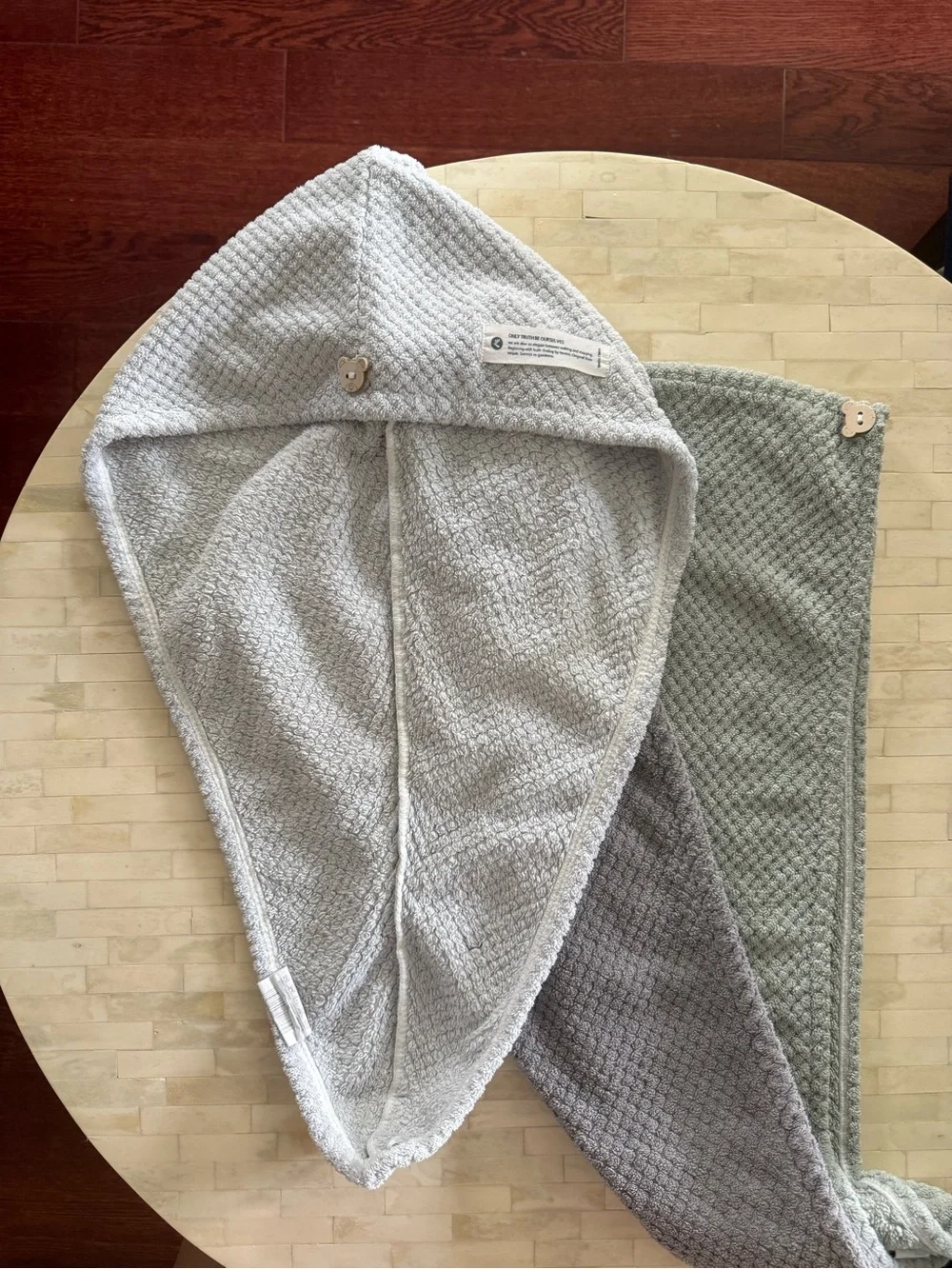 Women Hooded hair dry Towel Wrap in Mint Green, white and grey